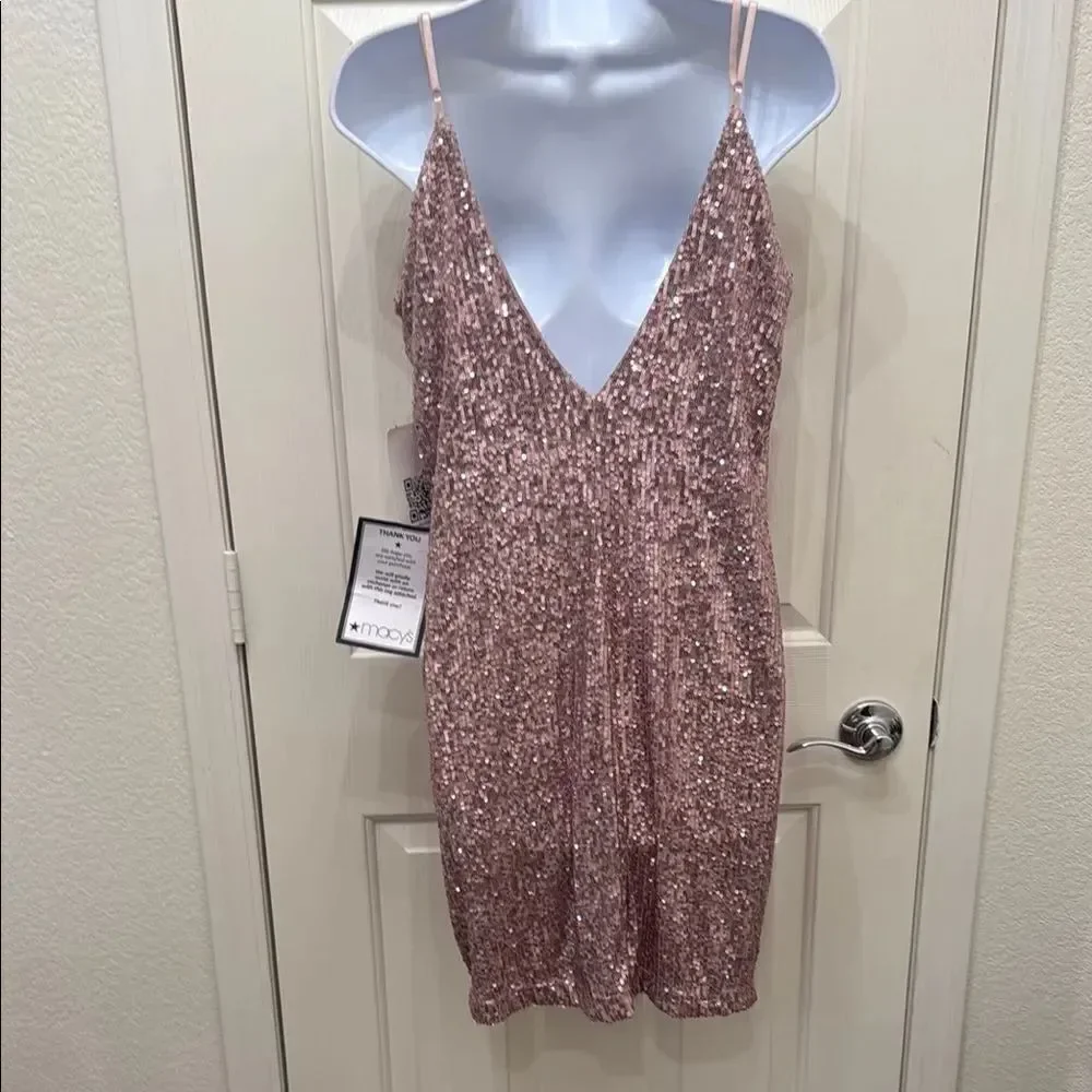 Emerald Sundae Pink Sequins Mini Cocktail Dress Padded Bra Adjustable Strap XXL